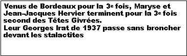 Zone de Texte: Venus de Bordeaux pour la 3e fois, Maryse et Jean-Jacques Hervier terminent pour la 3e fois second des Ttes Givres. Leur Georges Irat de 1937 passe sans broncher devant les stalactites